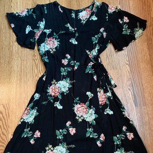 Black floral wrap dress